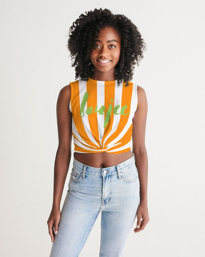 Orange Stripe twist-front tank with a green boujee text design