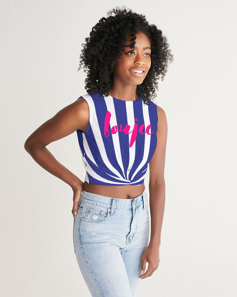 Twist-front tank top navy stripe with text font design hot raspberry pink boujee