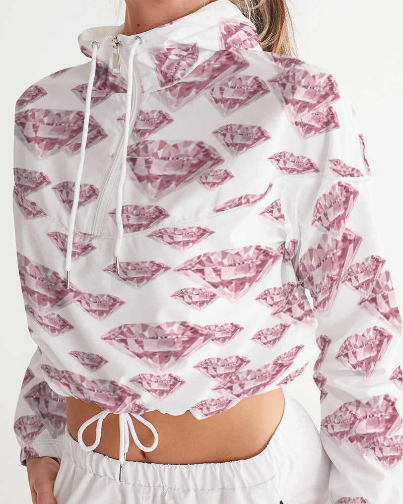 White cropped windbreaker with an all-over diamond print 