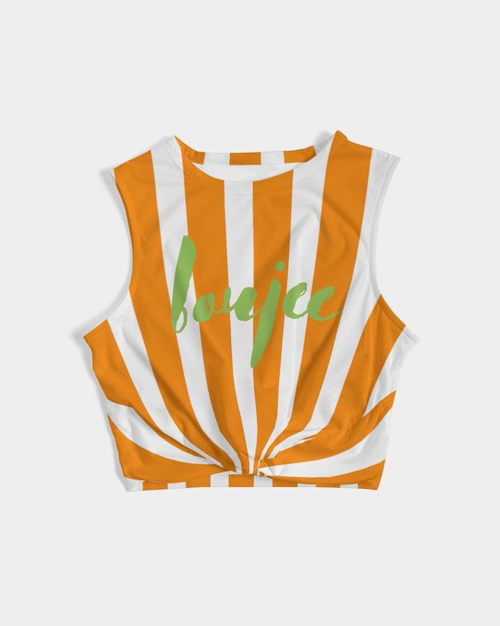 Orange Stripe twist-front tank with a green boujee text design