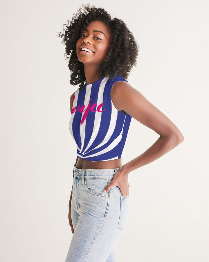 Twist-front tank top navy stripe with text font design hot raspberry pink boujee