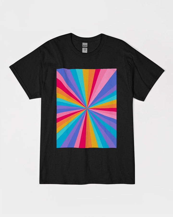 Black T-shirt with a hue of vibrant rainbow colors