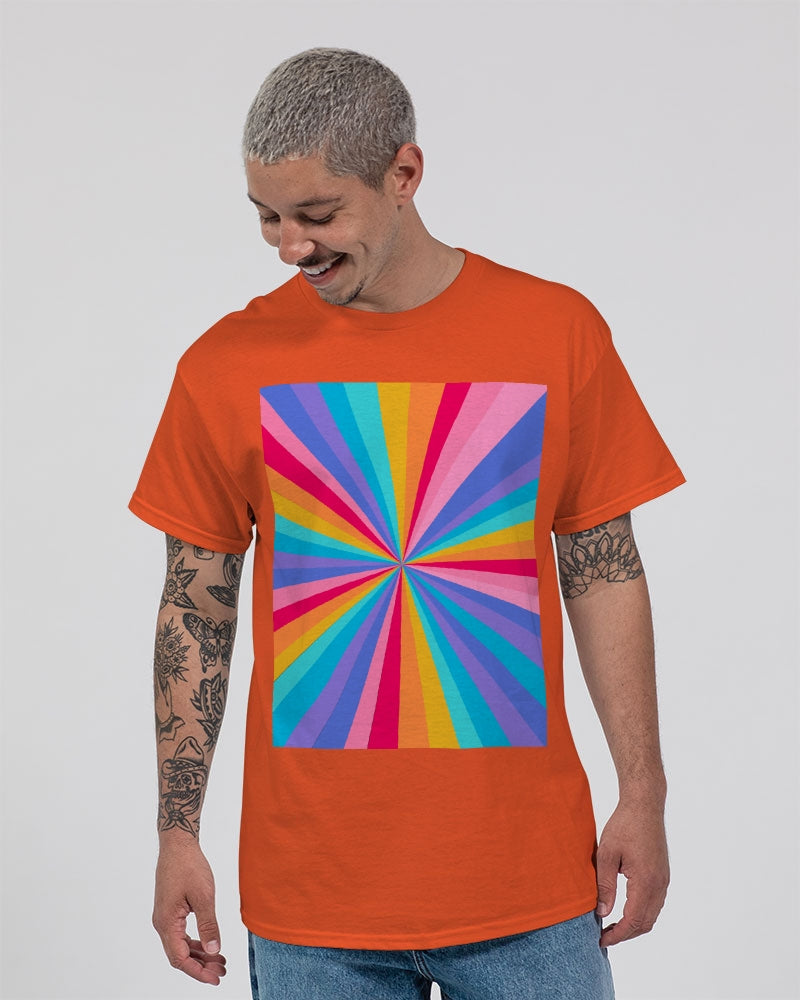 Orange T-shirt with a hue of vibrant rainbow colors