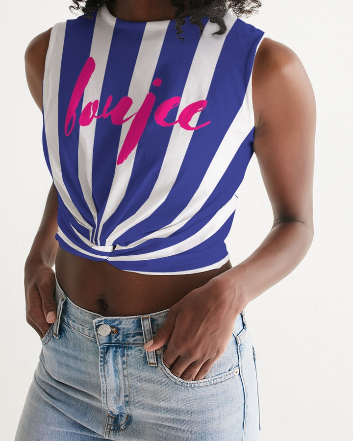 Twist-front tank top navy stripe with text font design hot raspberry pink boujee 