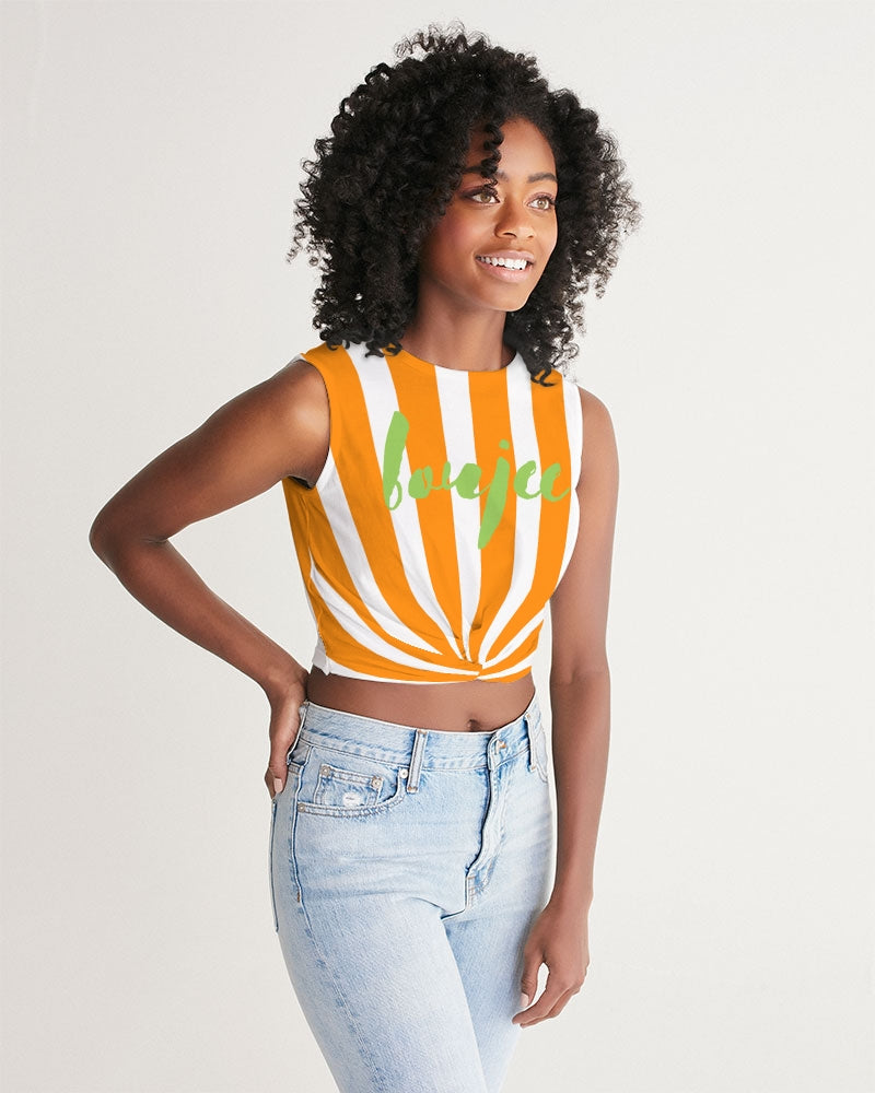 Orange Stripe twist-front tank with a green boujee text design