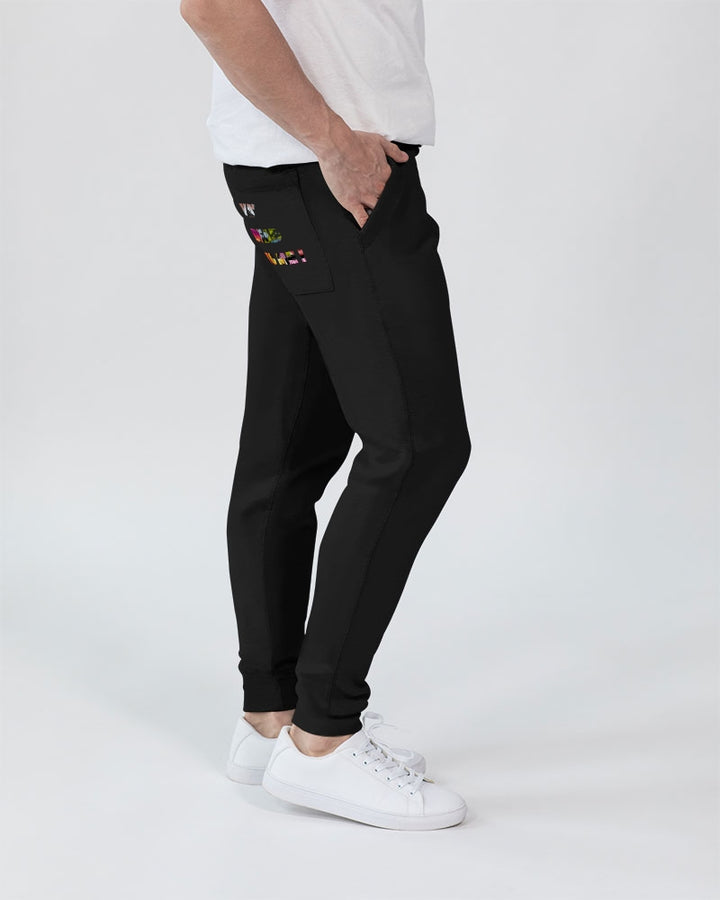 Black fleece joggers with elastic waistband, plain front, and “ya dead to me!” Print design on the back pocket.