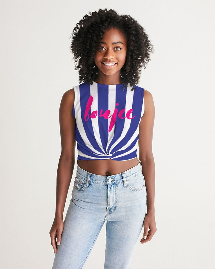 Twist-front tank top navy stripe with text font design hot raspberry pink boujee