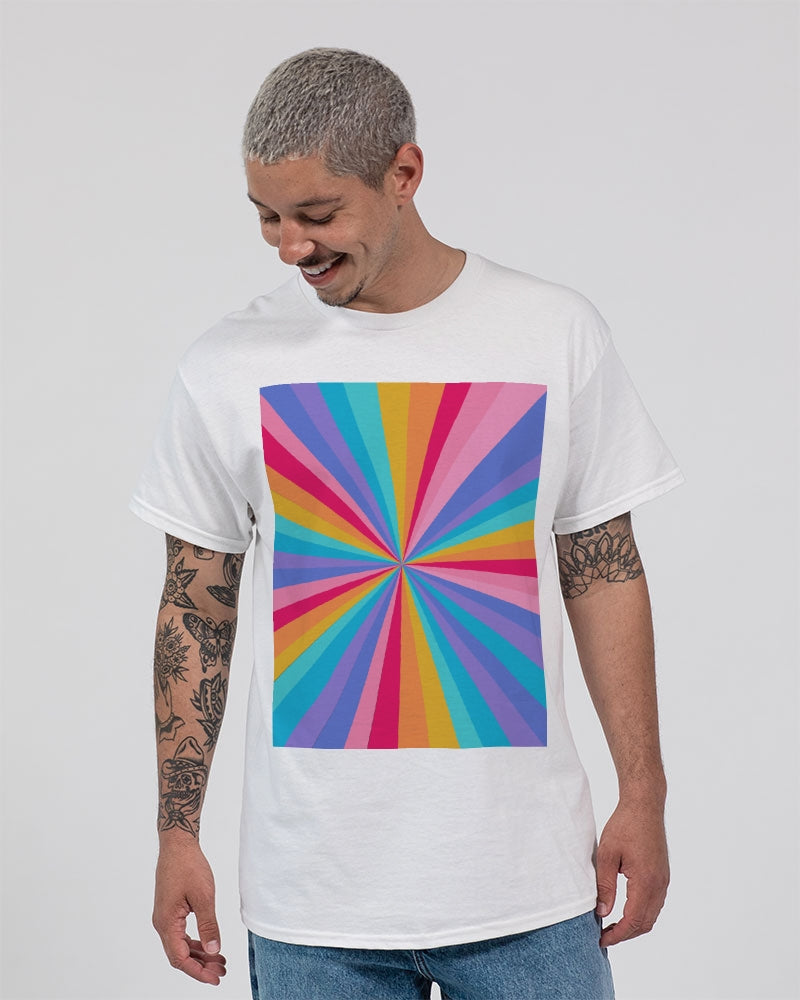 White T-shirt with a hue of vibrant rainbow colors