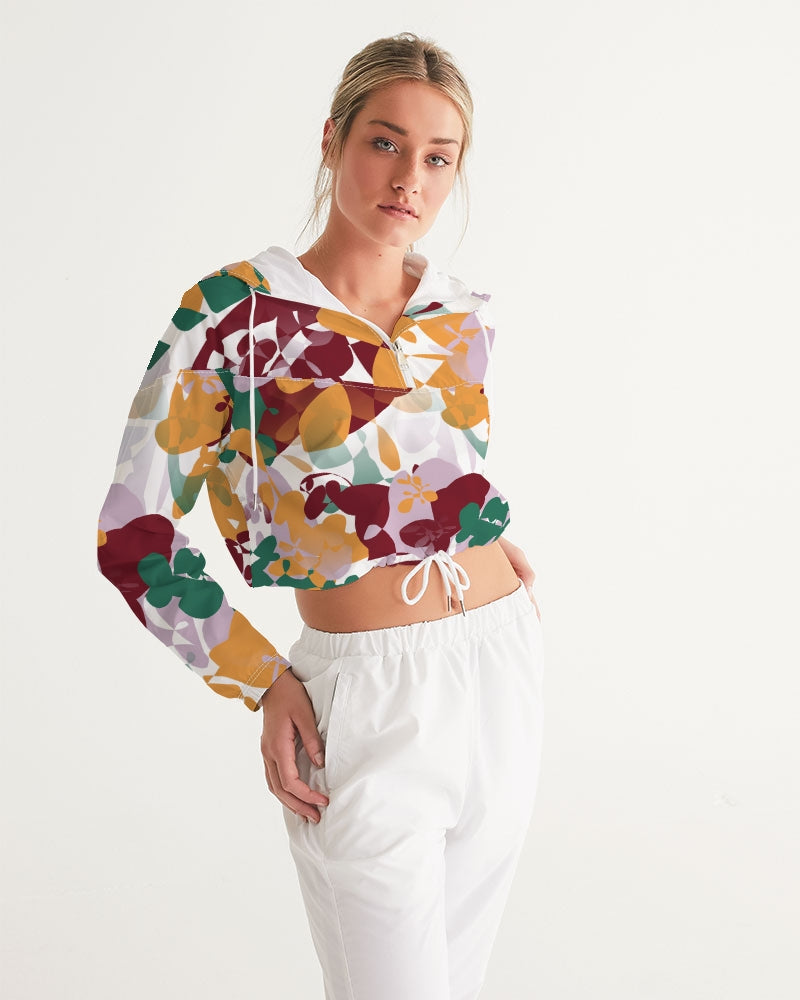 Model wearing Christina Cropped Windbreaker in multi floral print, fall lightweight jacket 