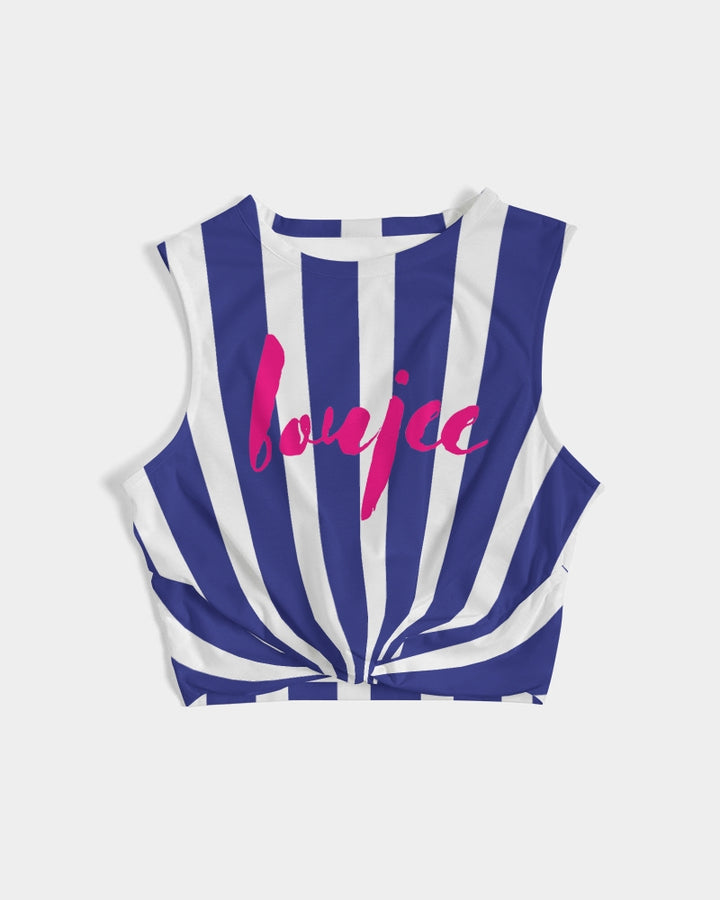 Twist-front tank top navy stripe with text font design hot raspberry pink boujee