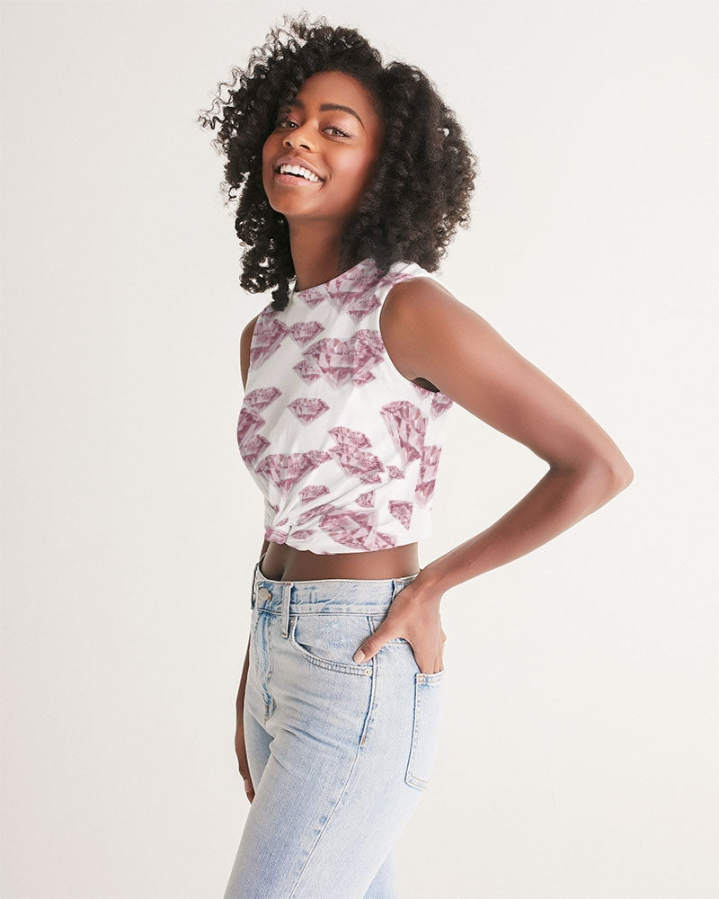 White twist front tank top featuring a diamond all-over print