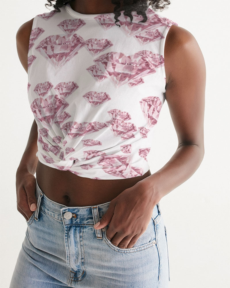 White twist front tank top featuring a diamond all-over print