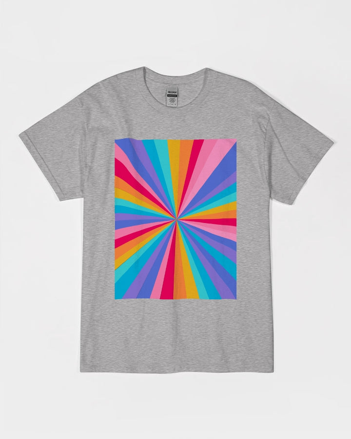 Grey T-shirt with a hue of vibrant rainbow colors