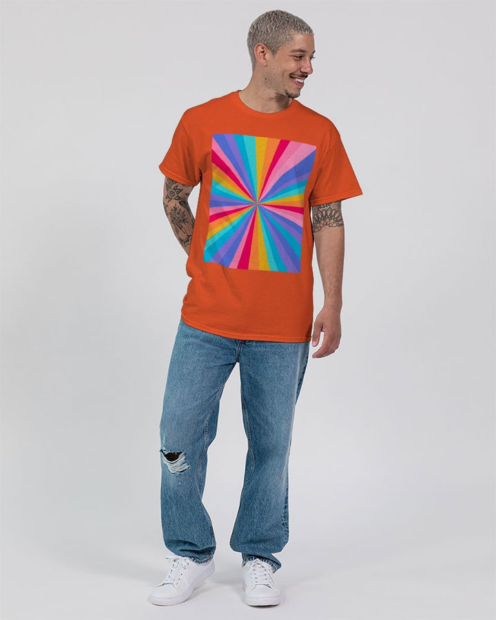 Orange T-shirt with a hue of vibrant rainbow colors