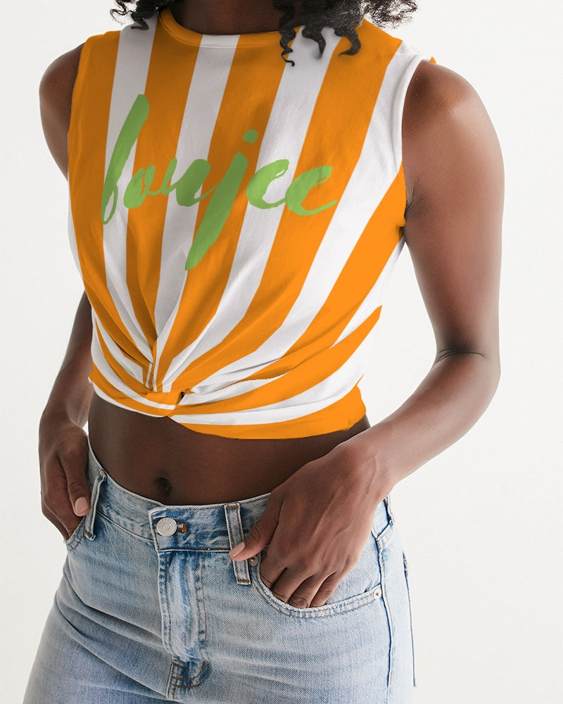 Orange Stripe twist-front tank with a green boujee text design