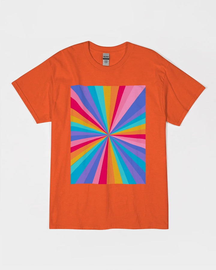 Orange T-shirt with a hue of vibrant rainbow colors