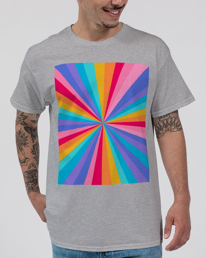 Grey T-shirt with a hue of vibrant rainbow colors