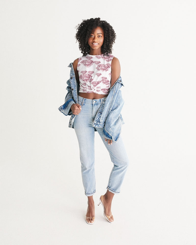 White twisted front tank top featuring a diamond all-over print