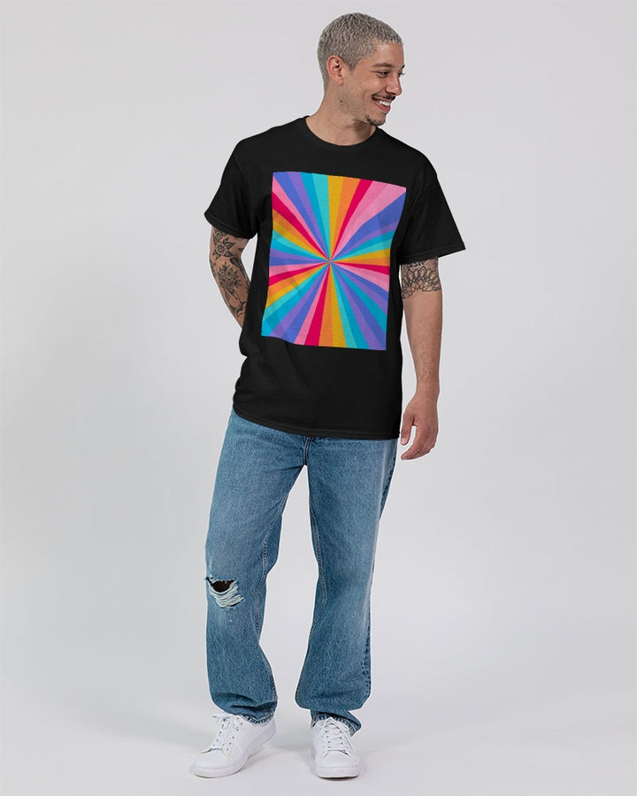 Black T-shirt with a hue of vibrant rainbow colors