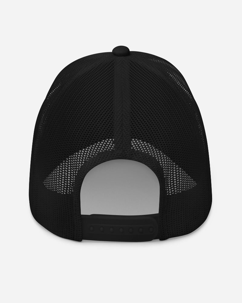 Back of the trucker hat with  black mesh and adjustable closure