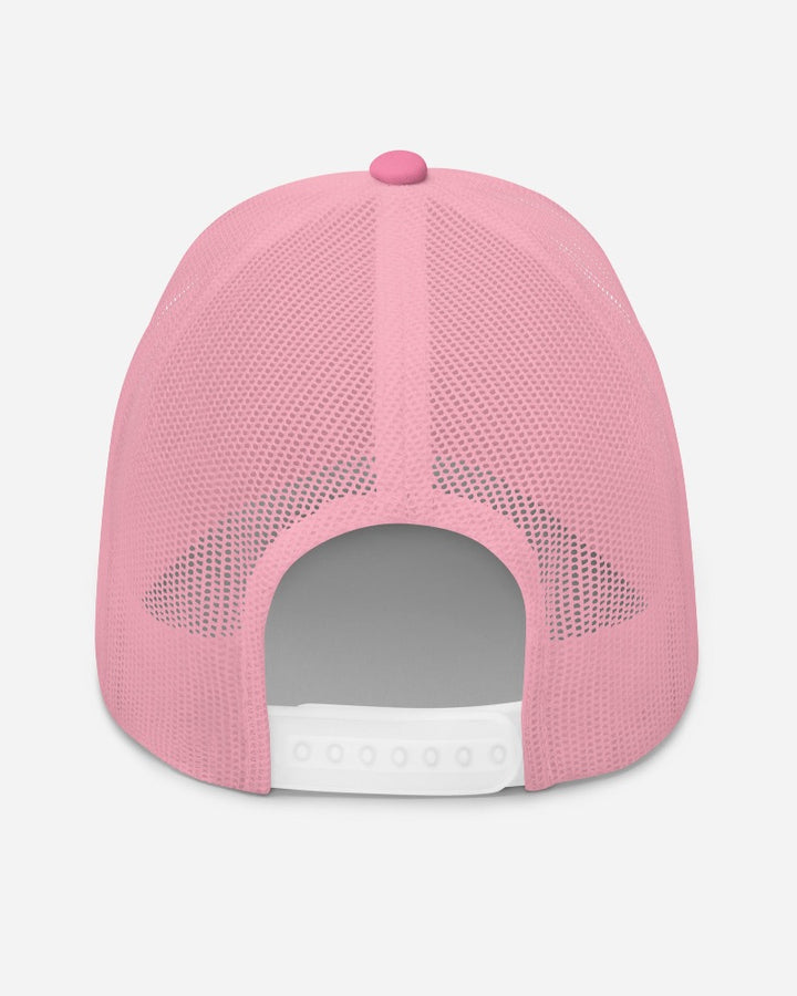 Back of the trucker hat with pink mesh and adjustable closure