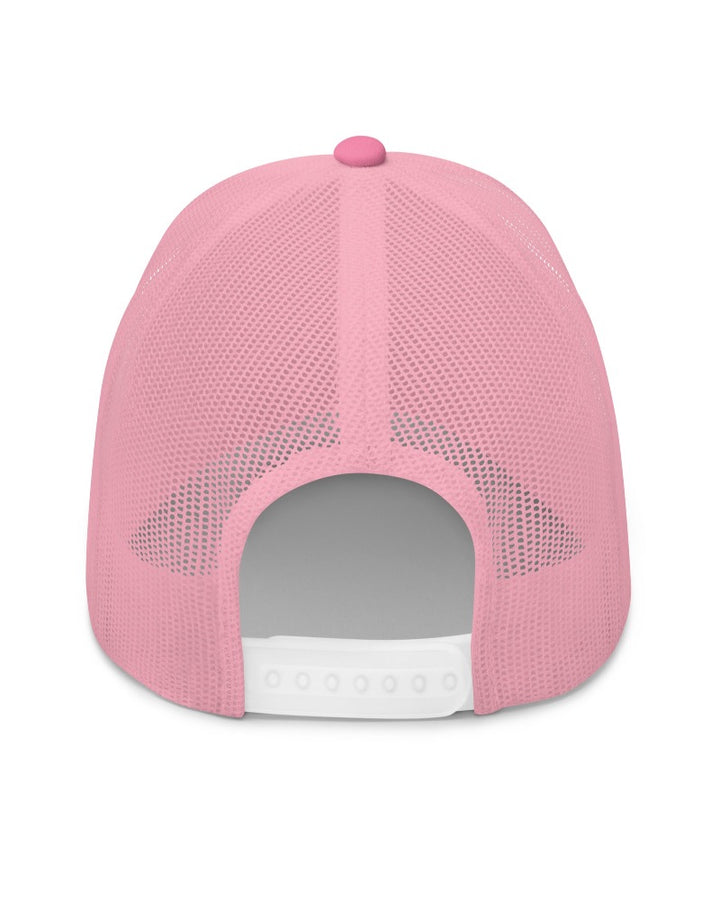 Back of the pink truck hat with pink mesh and a white adjustable closure