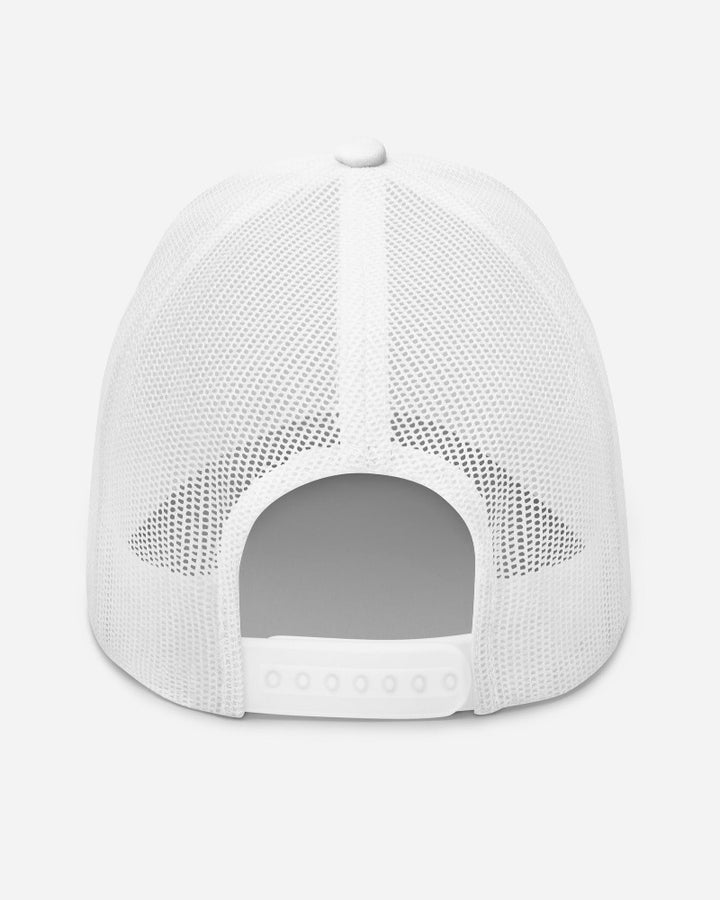 back of white trucker hat with mesh and an adjustable closure