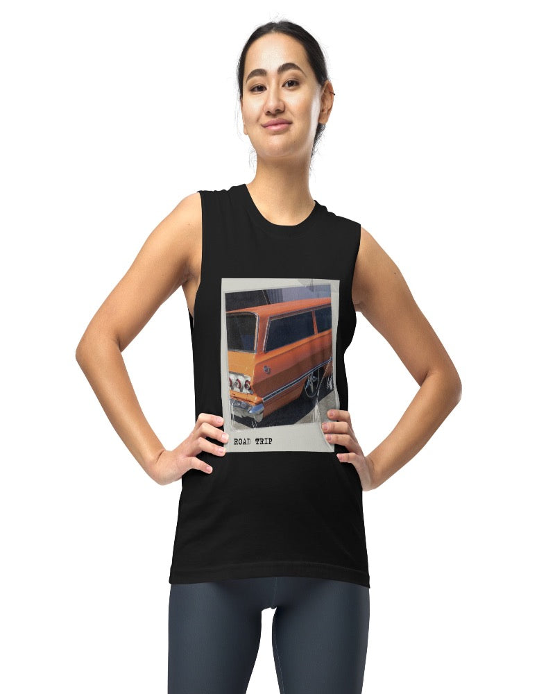 Black muscle tank with an orange vintage car and Road trip design text.