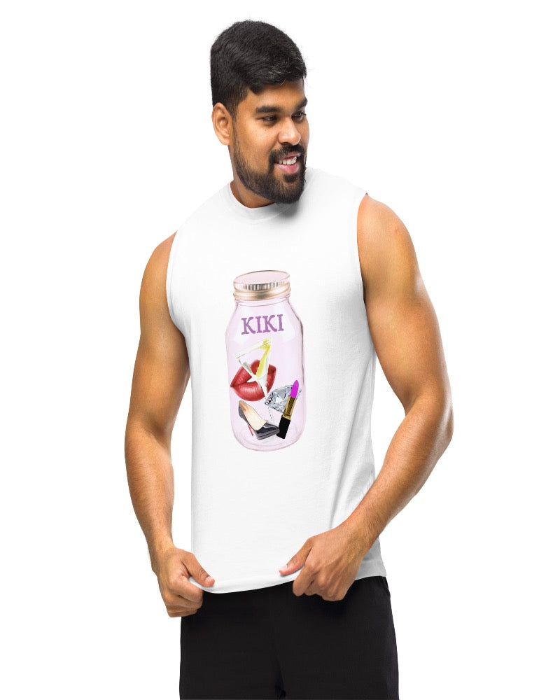 White  Muscle tank with a Kiki Mason jar filled with  lips, a martini glass, a diamond, lipstick, and a high heel perfect for a trendy playful look.