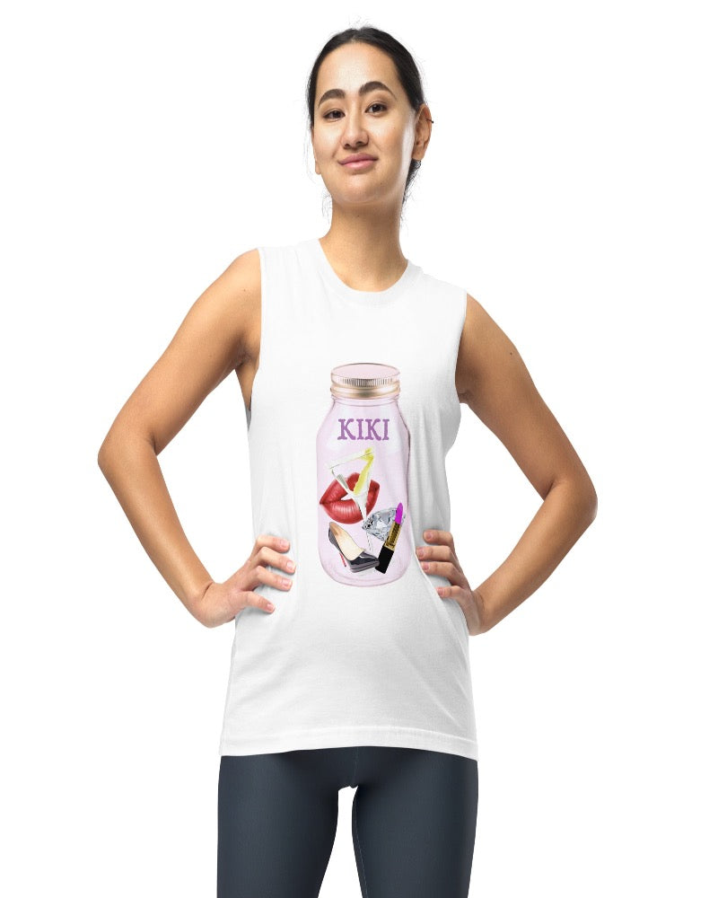 White  Muscle tank with a Kiki Mason jar filled with  lips, a martini glass, a diamond, lipstick, and a high heel perfect for a trendy playful look.