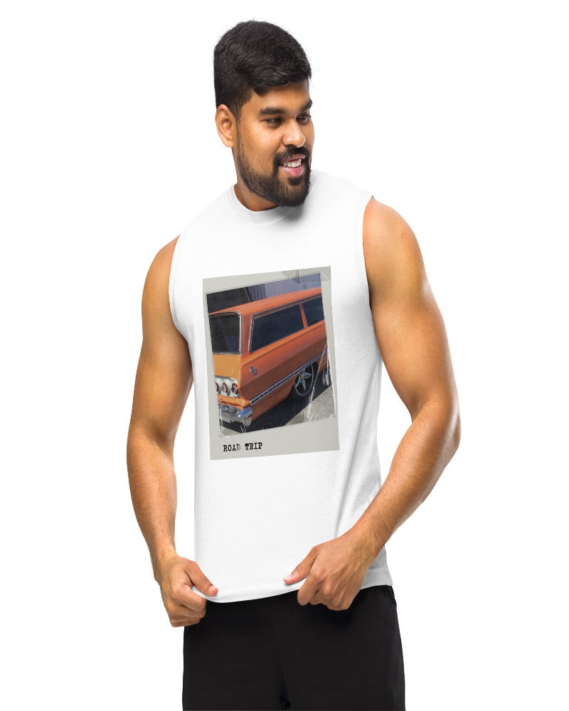 White muscle tank with an orange vintage car and Road trip design text.  