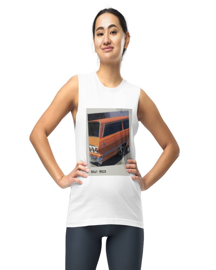 White muscle tank with an orange vintage car and Road trip design text.