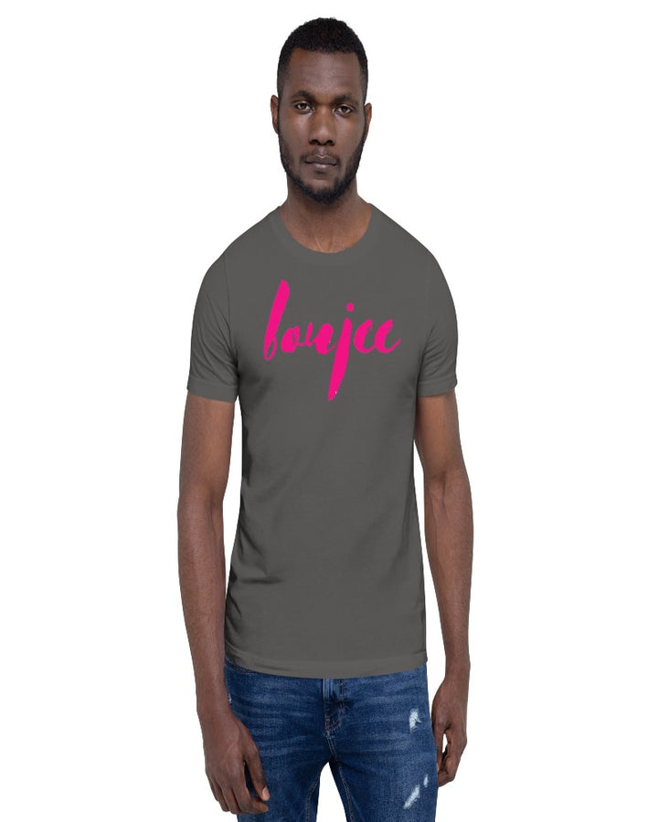 asphalt unisex t-shirt written in a boujee design text in a hot raspberry color across the chest 