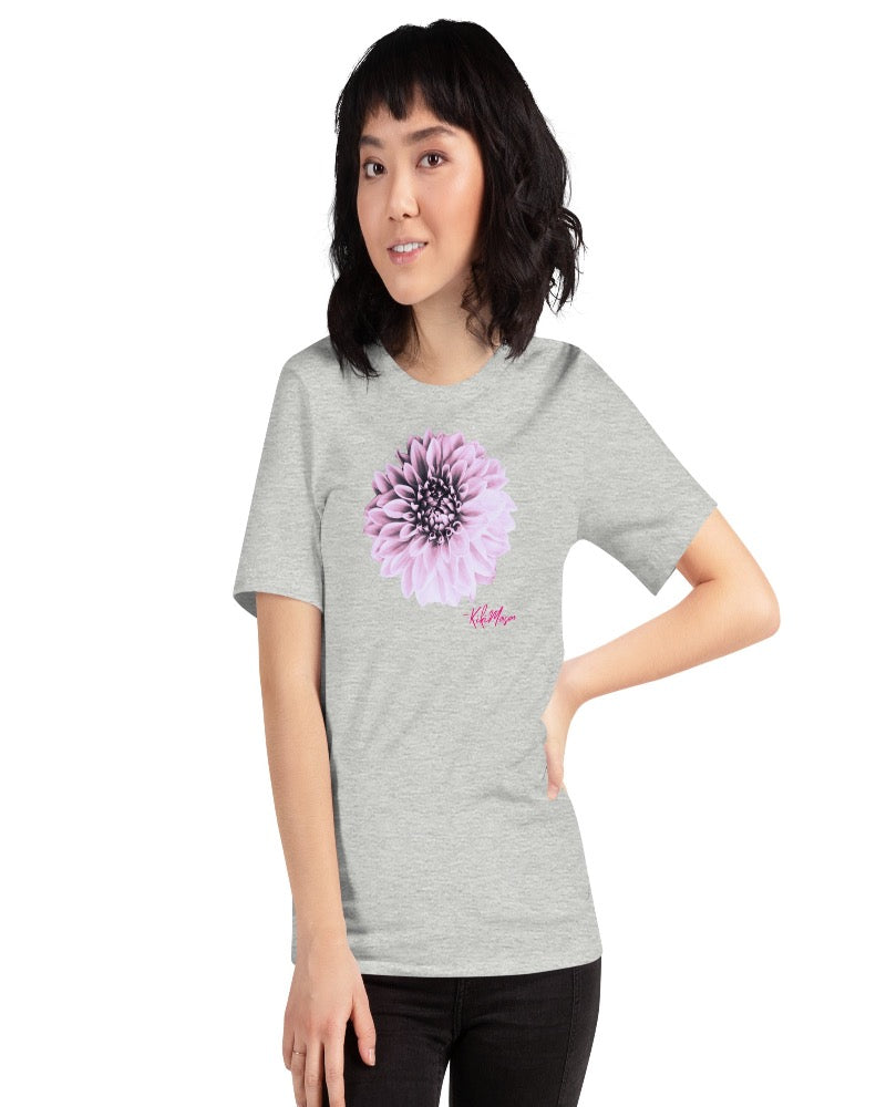 A unisex athletic heather T-shirt with a Dahlia flower print design.