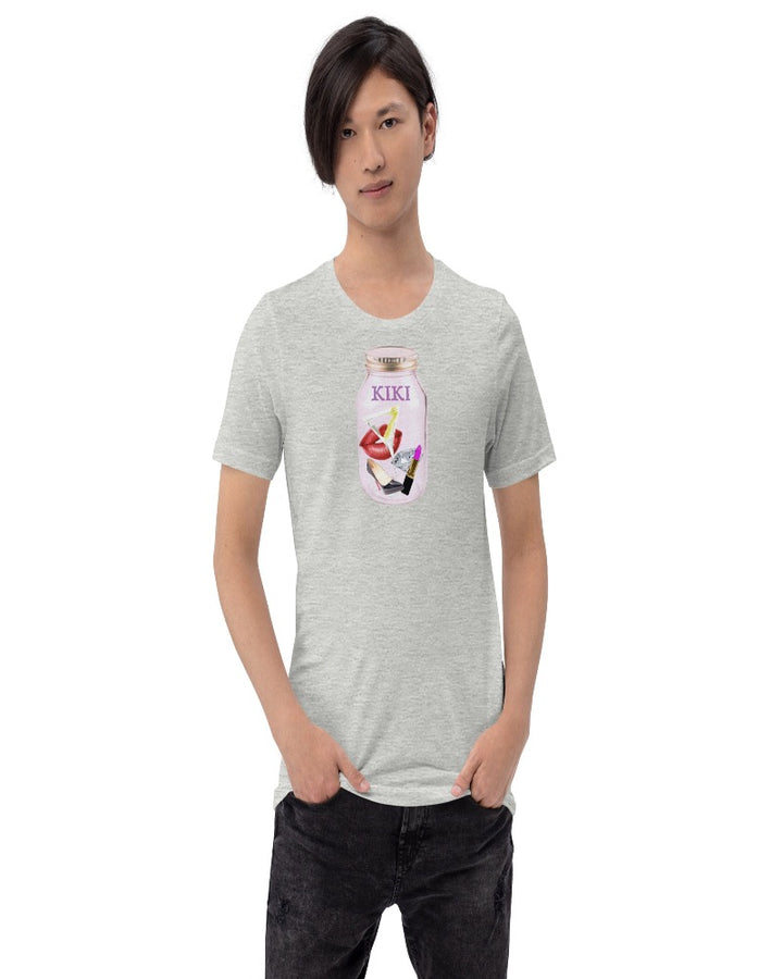 Unisex t-shirt colored athletic heather with KIKI is written on a mason jar below the lid and filled with martini, lipstick, lip, diamond, high heel