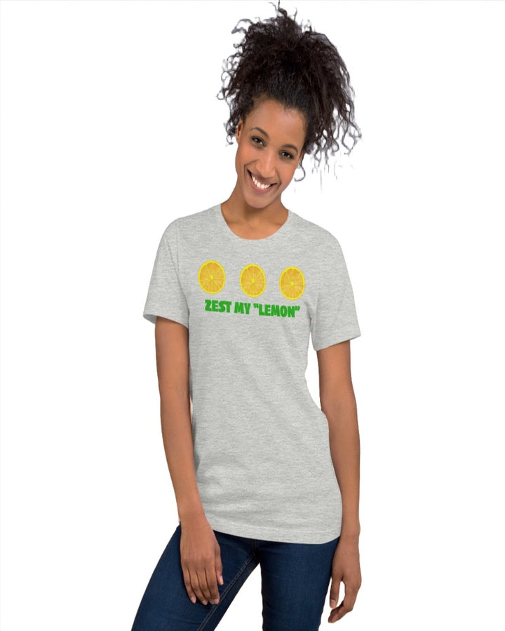 Athletic Heather unisex T-shirt with Zest my “lemon” print design.