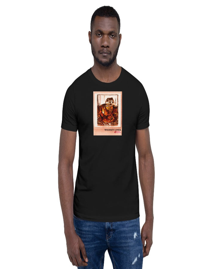 Black T-shirt available  in various  sizes, featuring a rocks glass of whiskey graphics with a text design "Whiskey Lover" with the logo Kiki Mason Logo