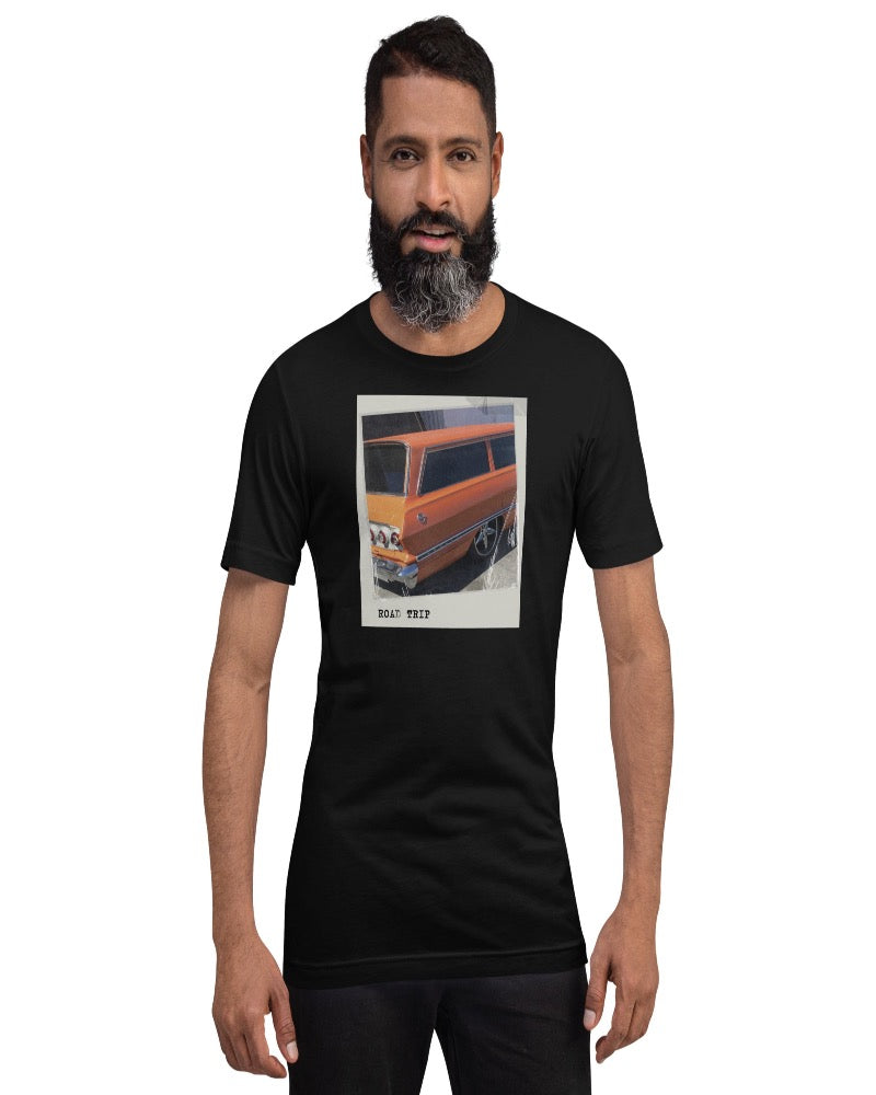 Black T-shirt with an orange vintage car and Road trip design text.