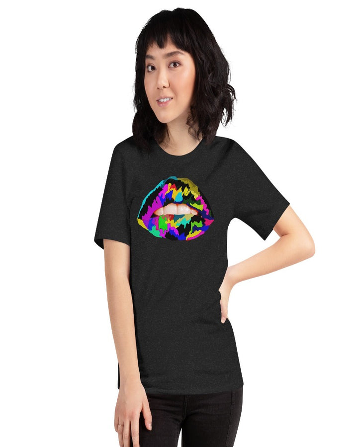 Black unisex T-shirt with multi colored lip print design.