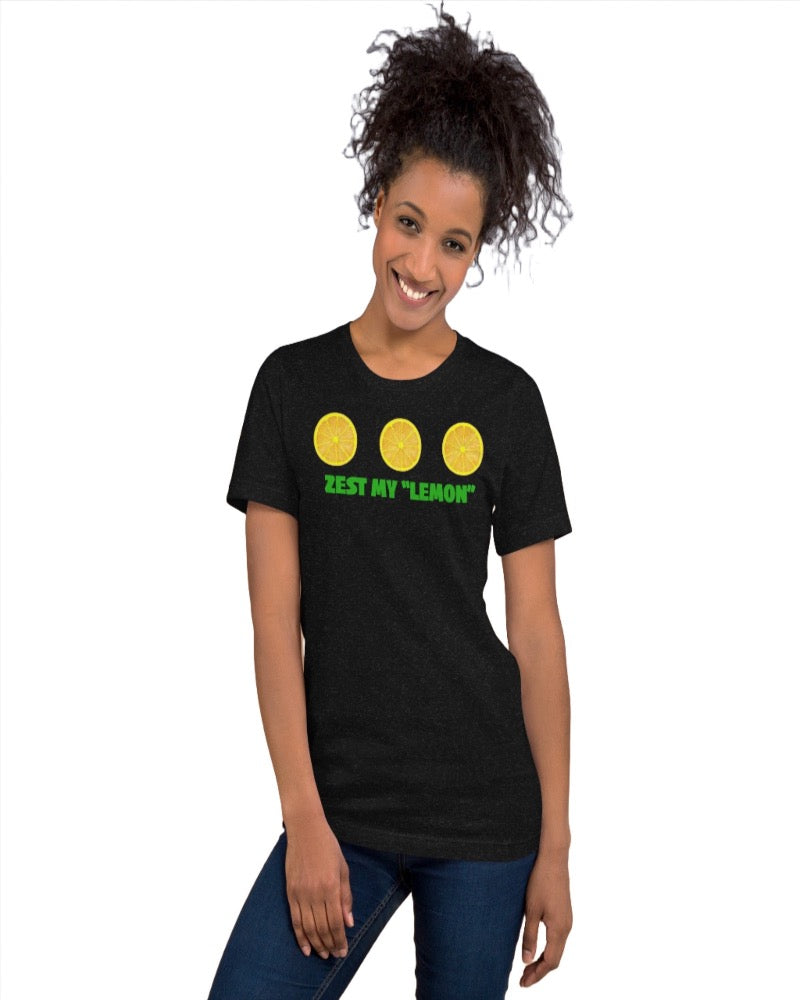 Black unisex T-shirt with Zest my “lemon” print design.