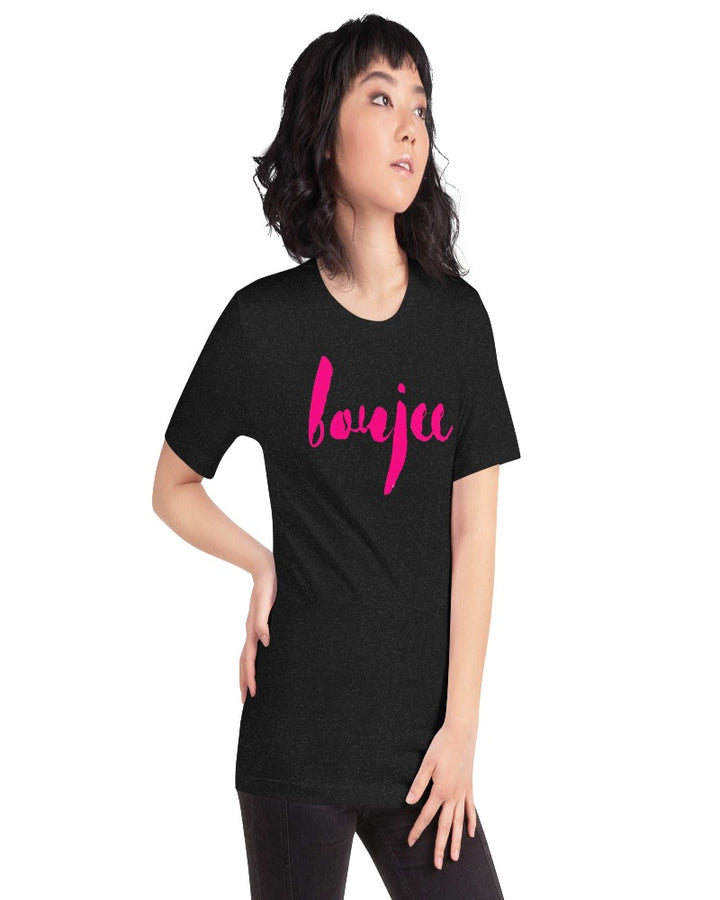 black heather unisex t-shirt written in a boujee design text in a hot raspberry color across the chest 