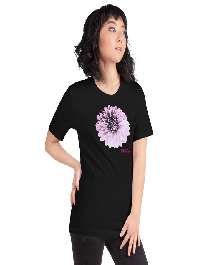 A unisex black T-shirt with a Dahlia flower print design.