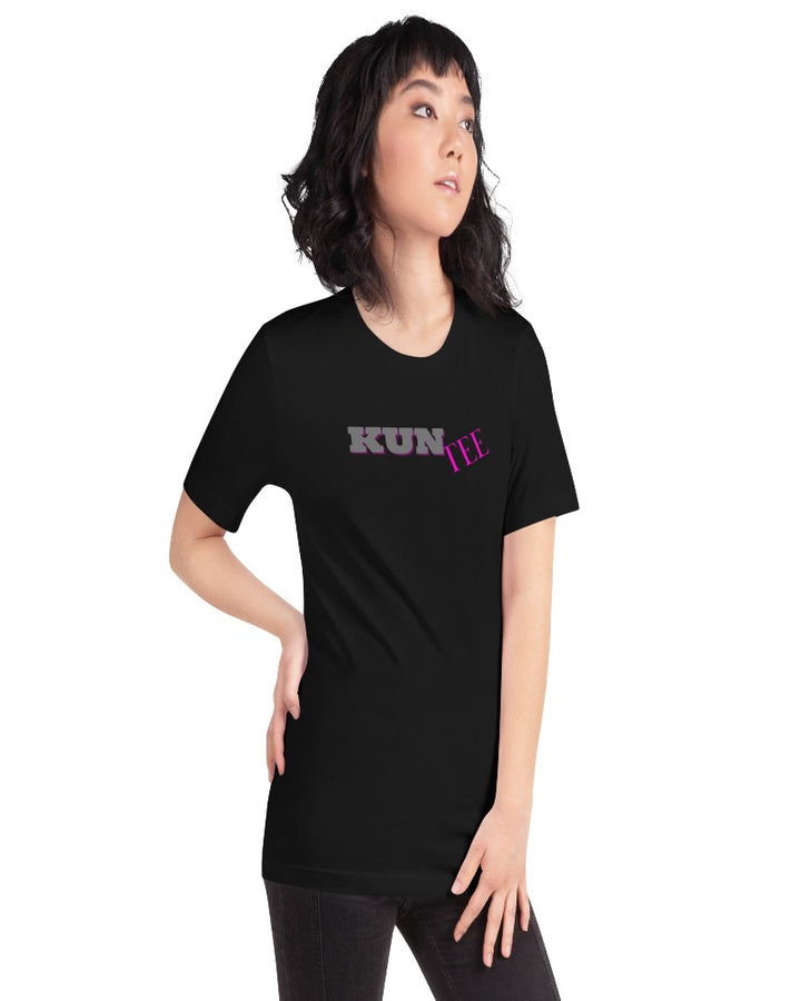 unisex t-shirt colored black with a text design kuntee. Kun colored in grey and tee in hot raspberry pink