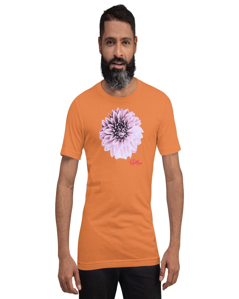 A unisex burnt orange T-shirt with a Dahlia flower print design.