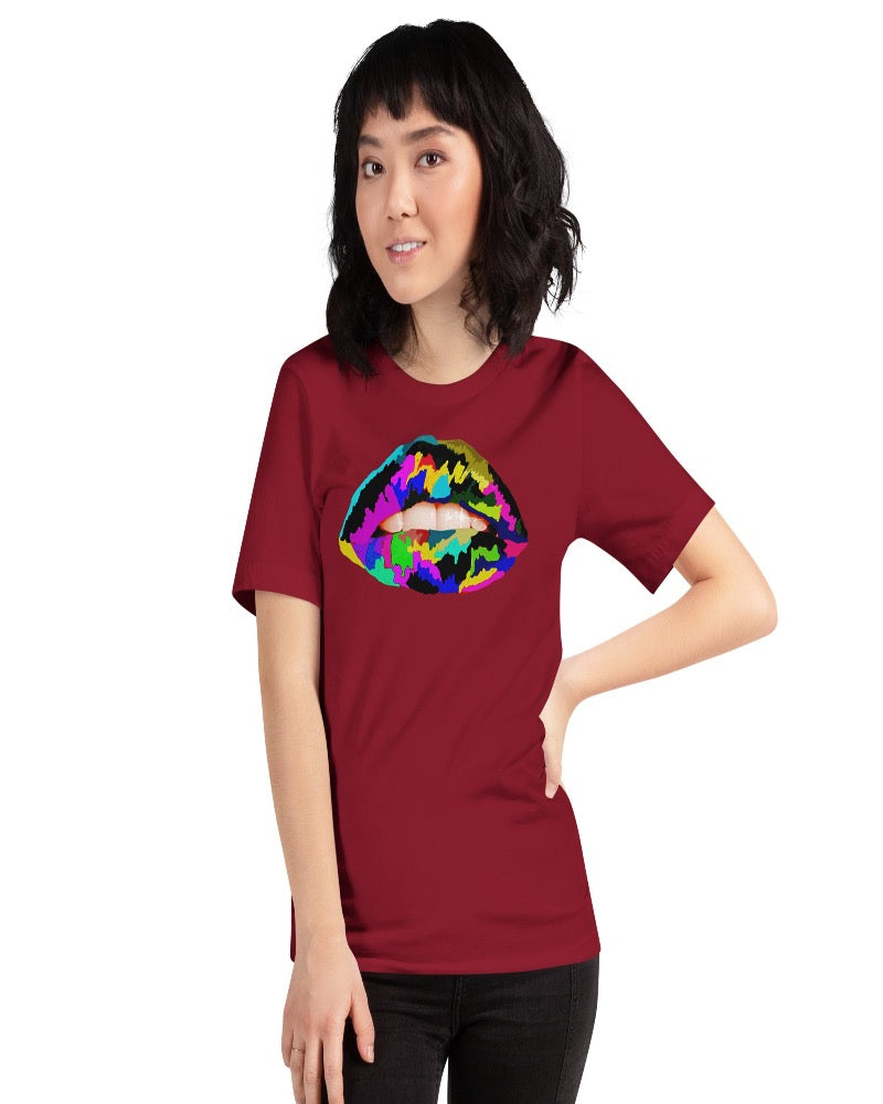 Cardinal unisex T-shirt with multi colored lip print design.