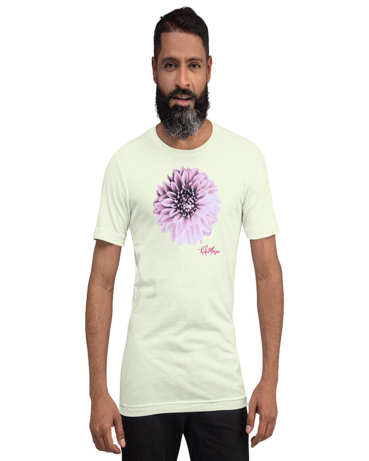 A unisex citron T-shirt with a Dahlia flower print design.