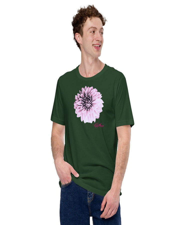 A unisex forest T-shirt with a Dahlia flower print design.