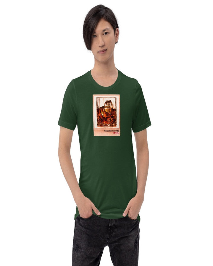 Forest colored T-shirt available in various sizes, featuring a rocks glass of whiskey graphics with a text design "Whiskey Lover" with the logo Kiki Mason Logo