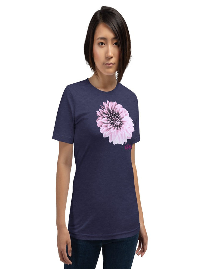 A unisex midnight navy T-shirt with a Dahlia flower print design.