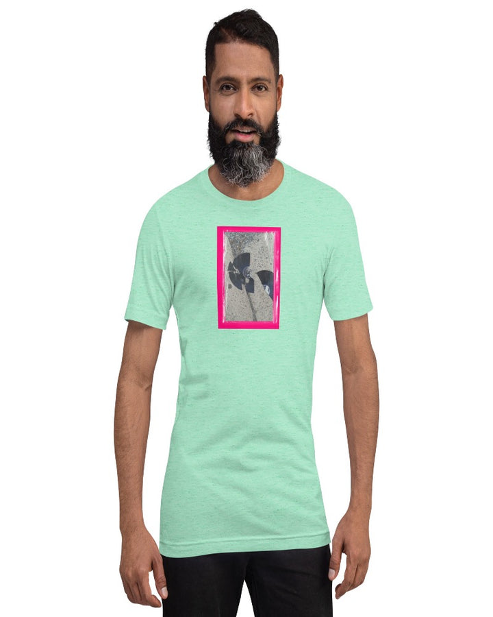 A heather mint unisex T-shirt with broken record print design.